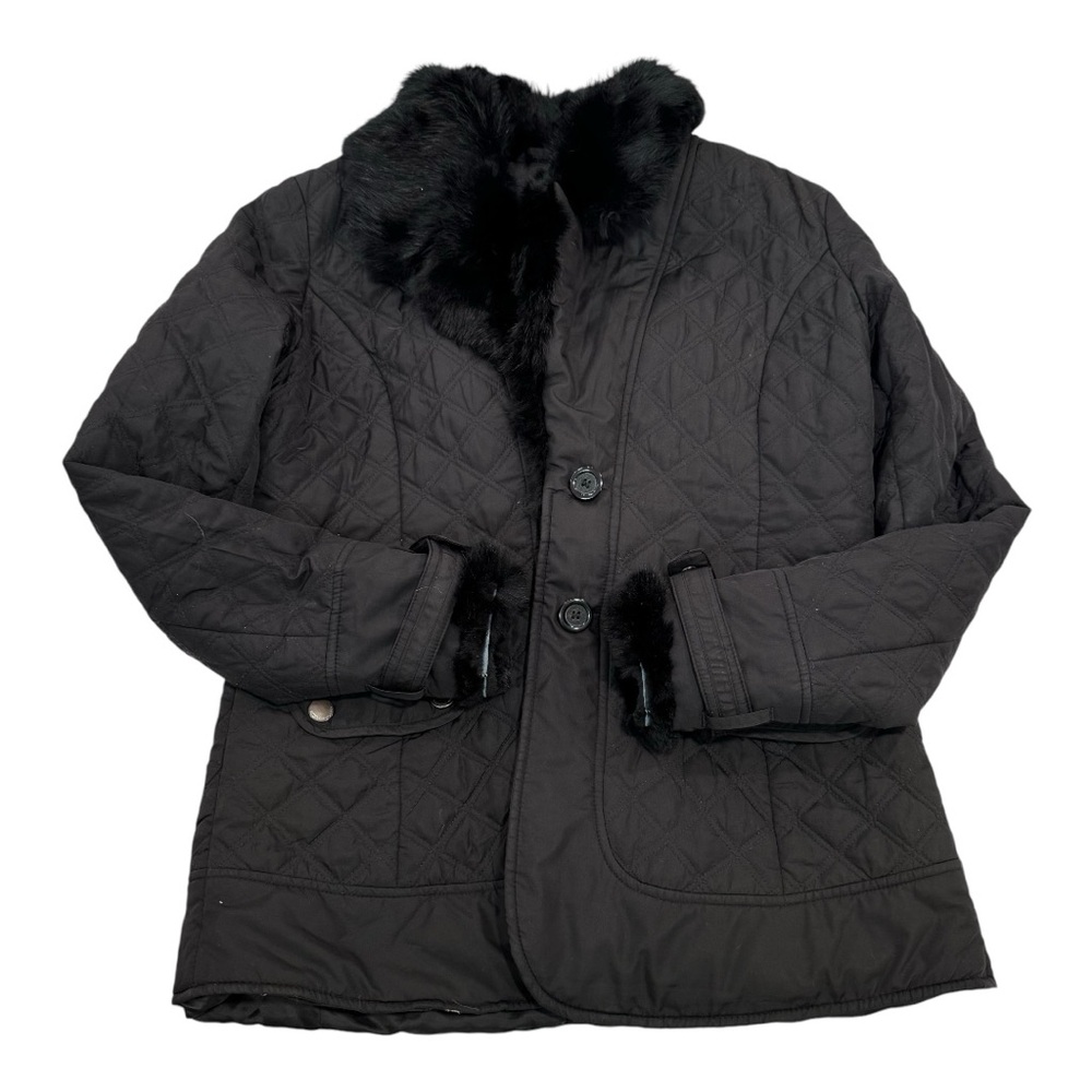 American modern Alexander Julian quilted jacket with rabbit fur trim size large